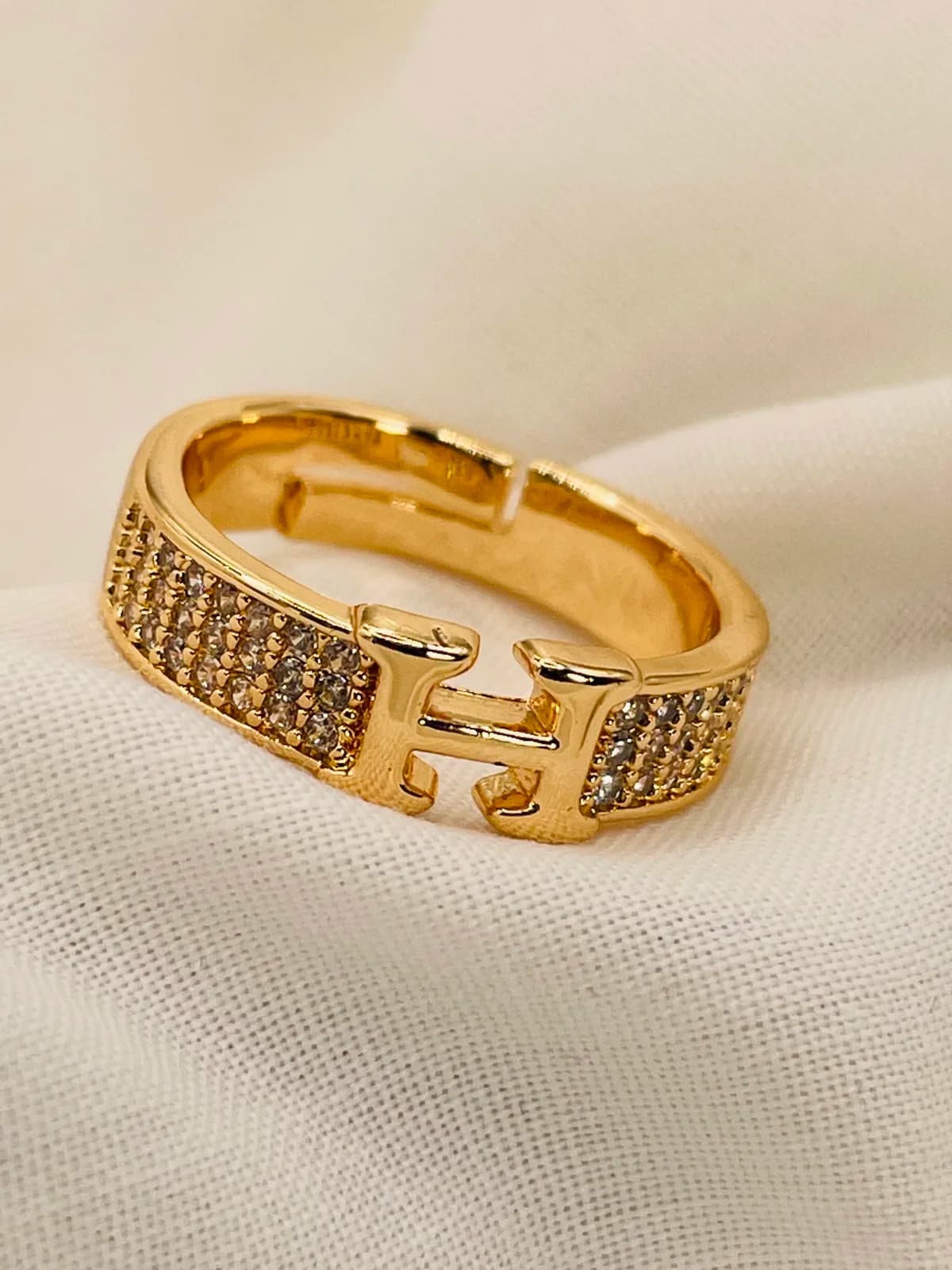 Golden Pavé H Statement Ring