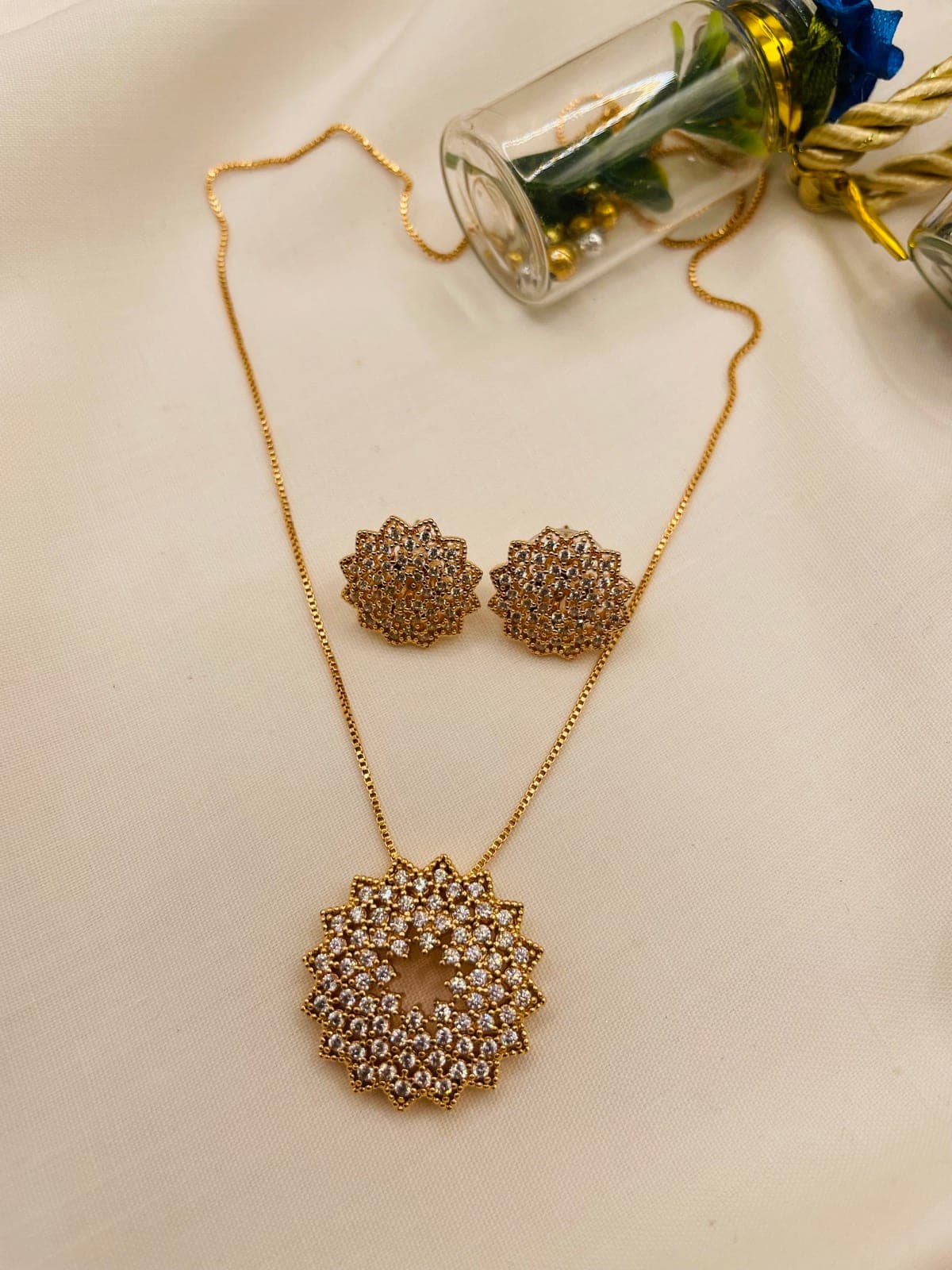 Golden Floral Crystal Necklace & Earrings Set