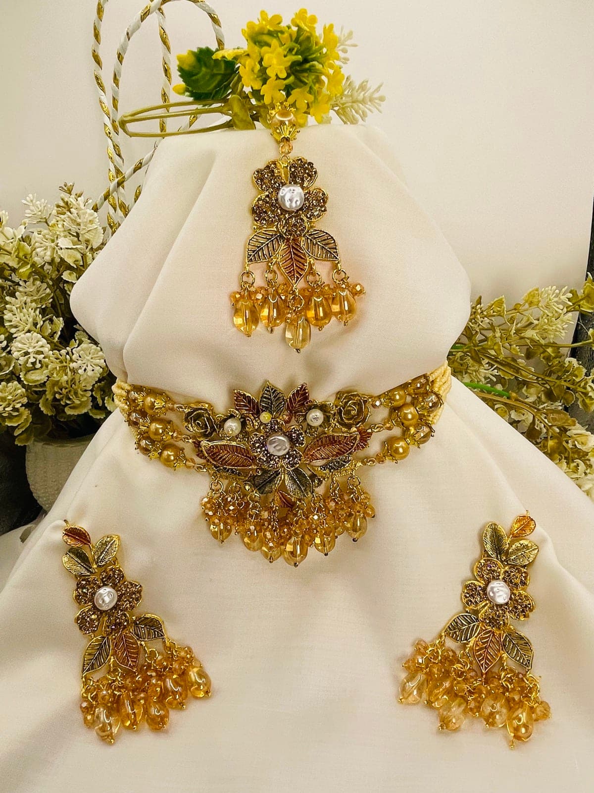 Golden Floral Pearl & Beaded Bridal Jewelry Set