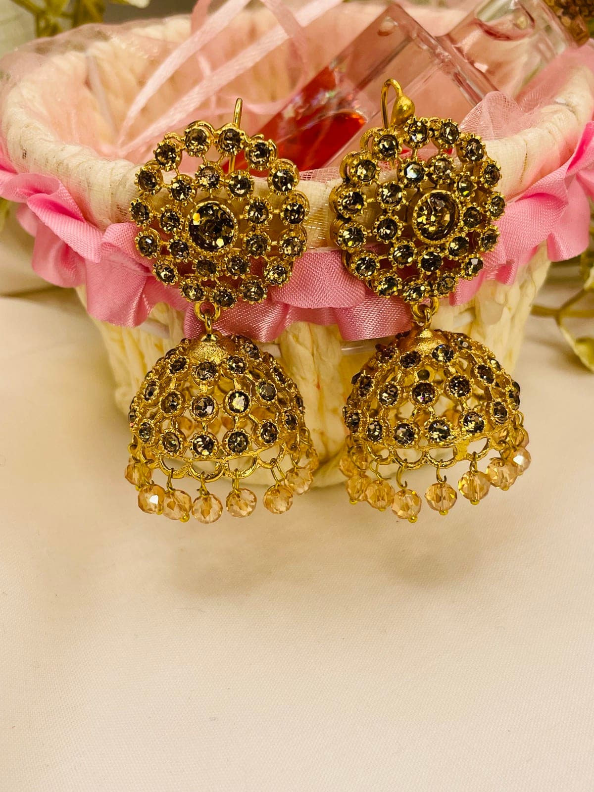 Bridal Golden Crystal Jhumka Earrings