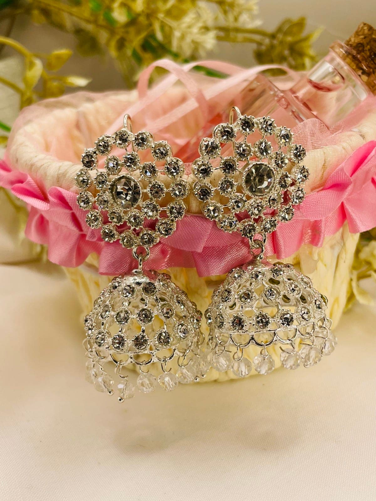 Silver Crystal Bridal Jhumka Earrings
