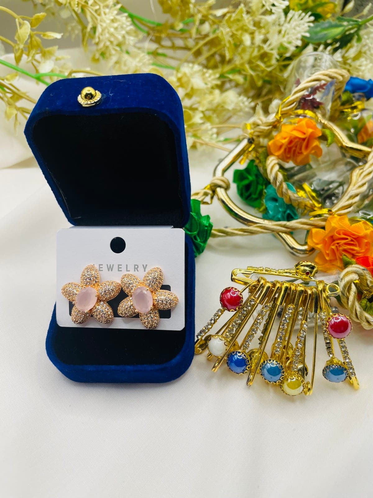 Elegant Floral Crystal Stud Earrings with Safety Pins