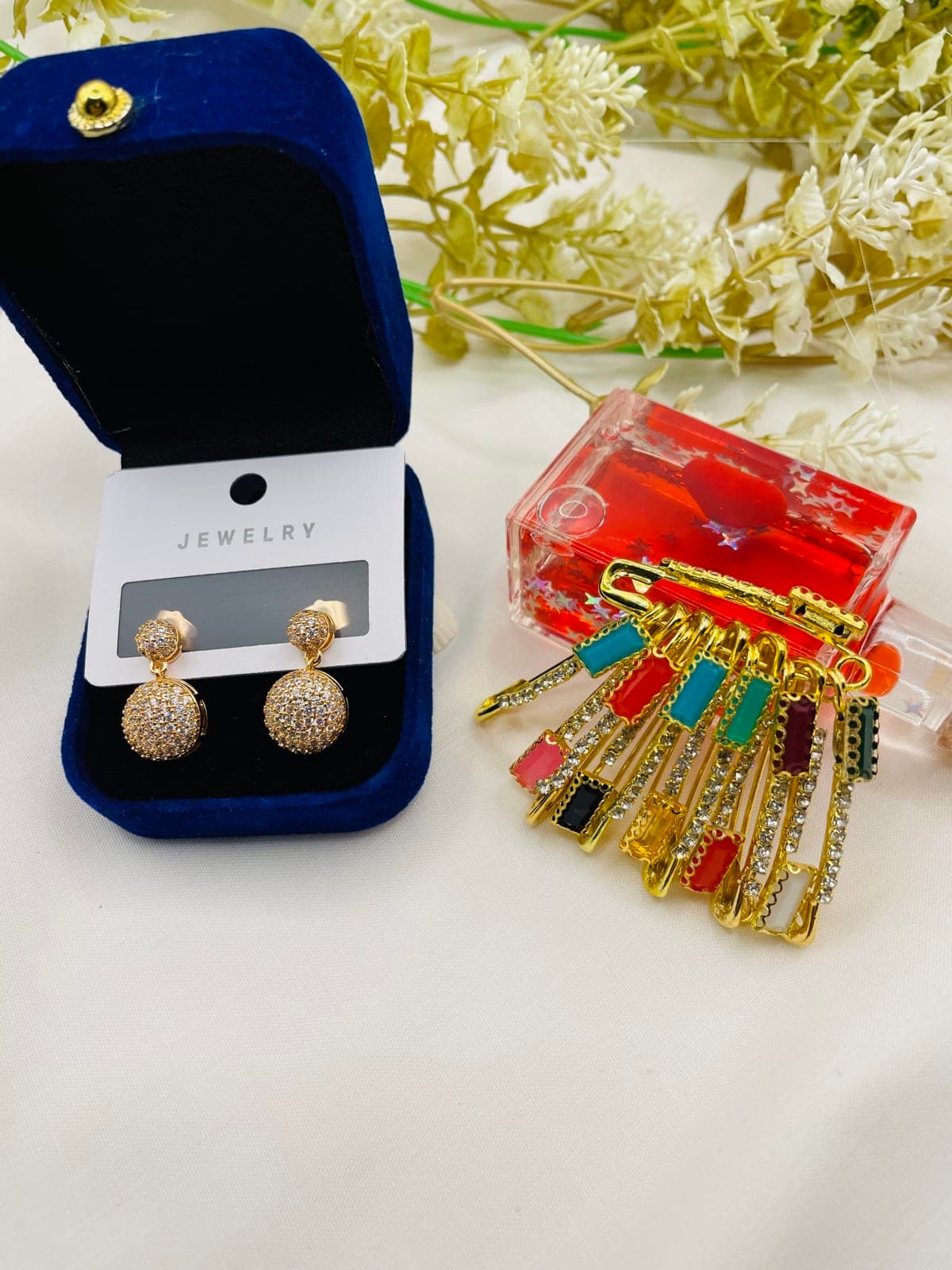 Elegant Crystal Double-Drop Earrings & Colorful Safety Pin Brooch