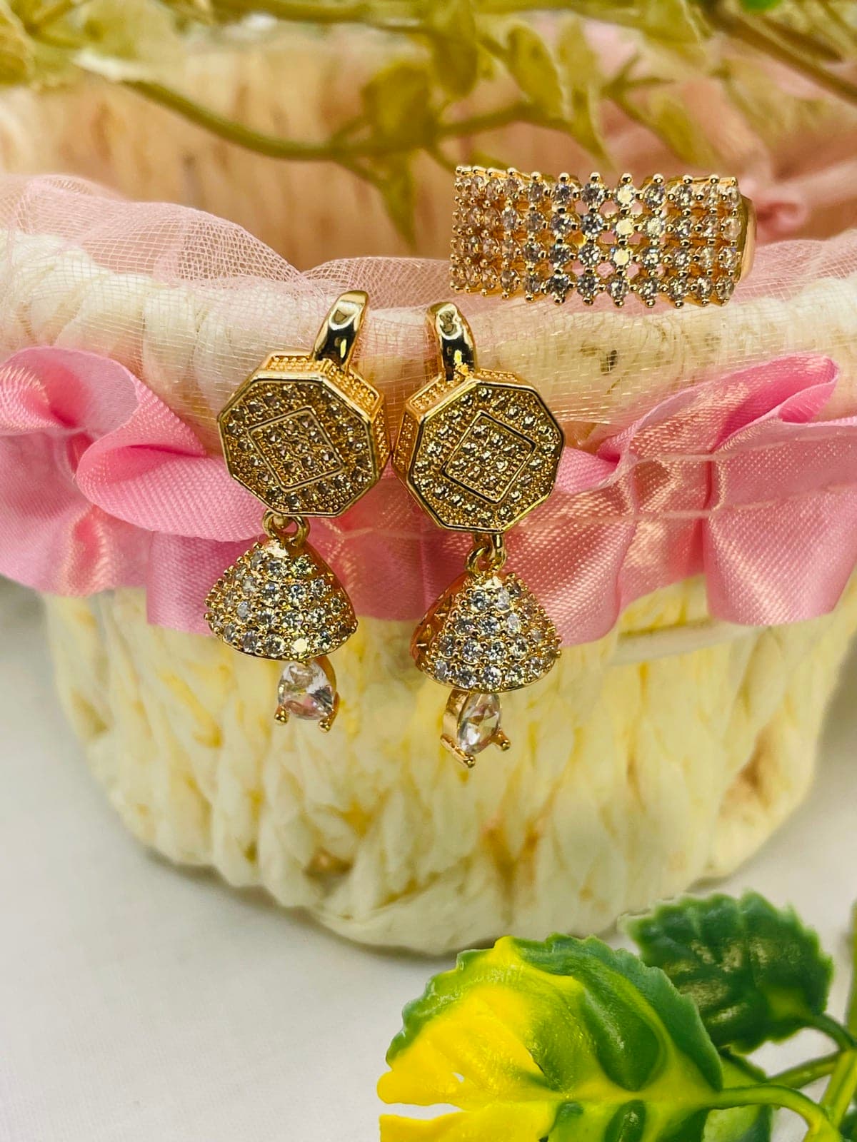 Royal Gold Crystal Drop Earrings & Ring Set