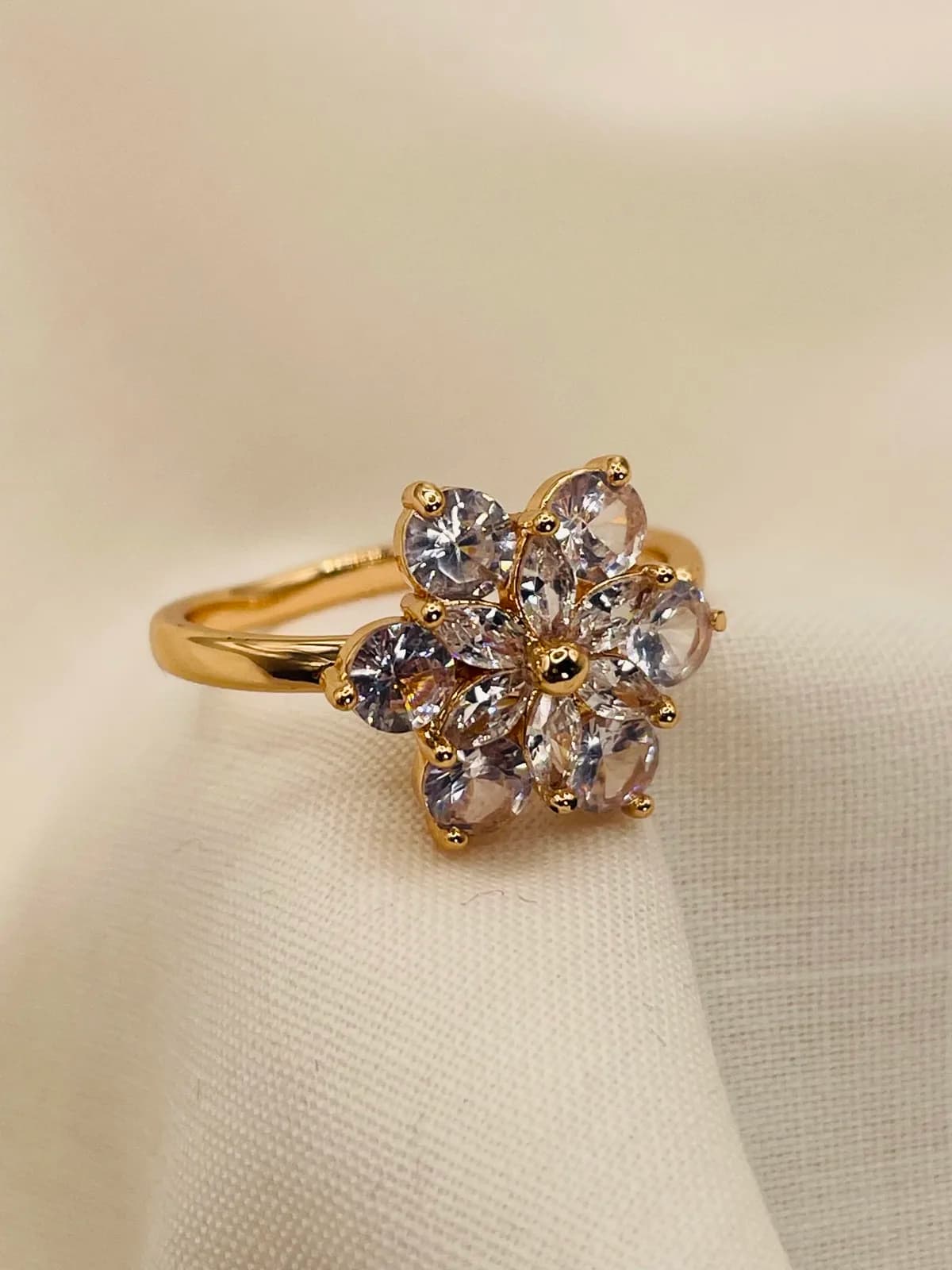 Golden Floral Crystal Statement Ring