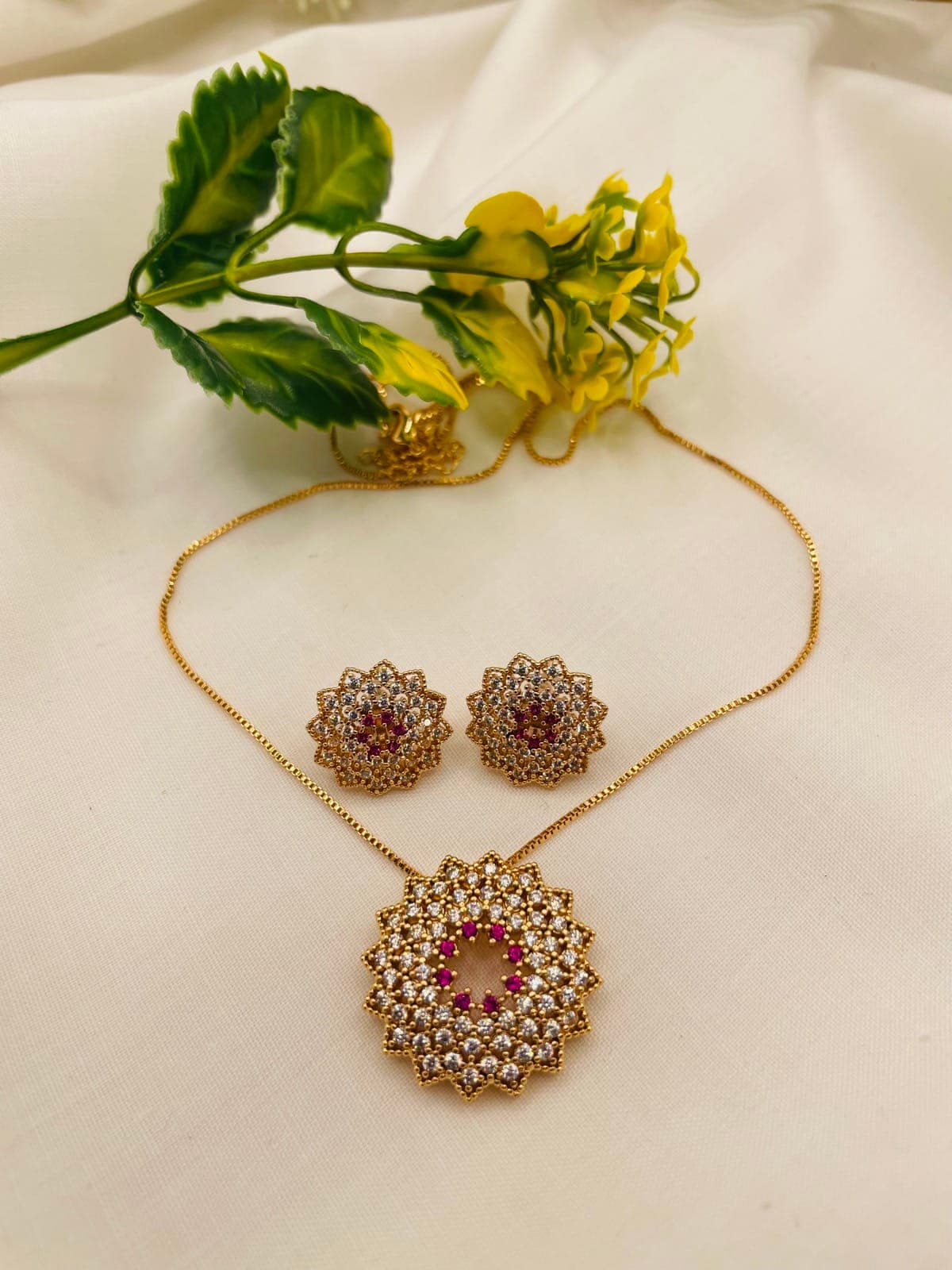 Golden Floral Ruby Crystal Necklace & Earrings Set