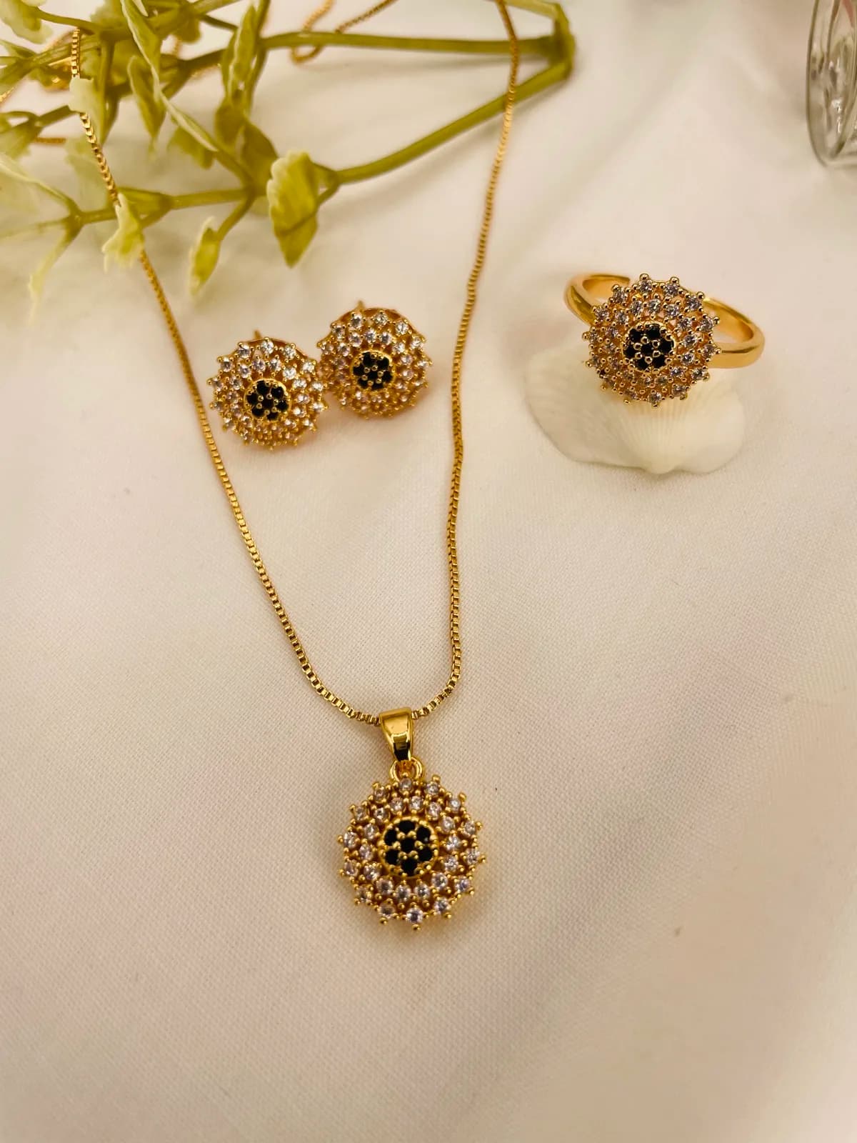 Black Onyx Halo Gold Jewelry Set