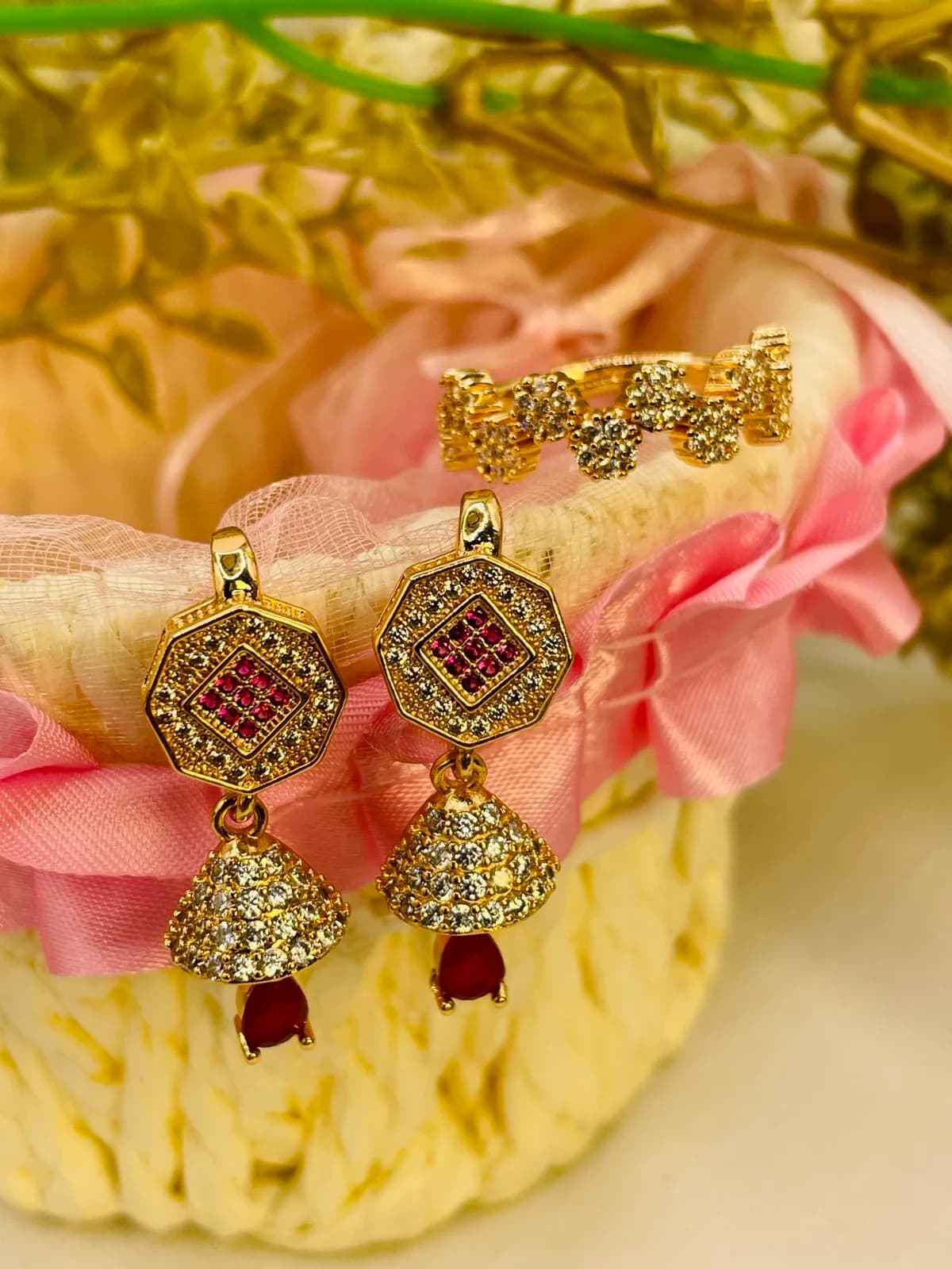 Royal Ruby Gold-Tone Crystal Earrings & Ring Set