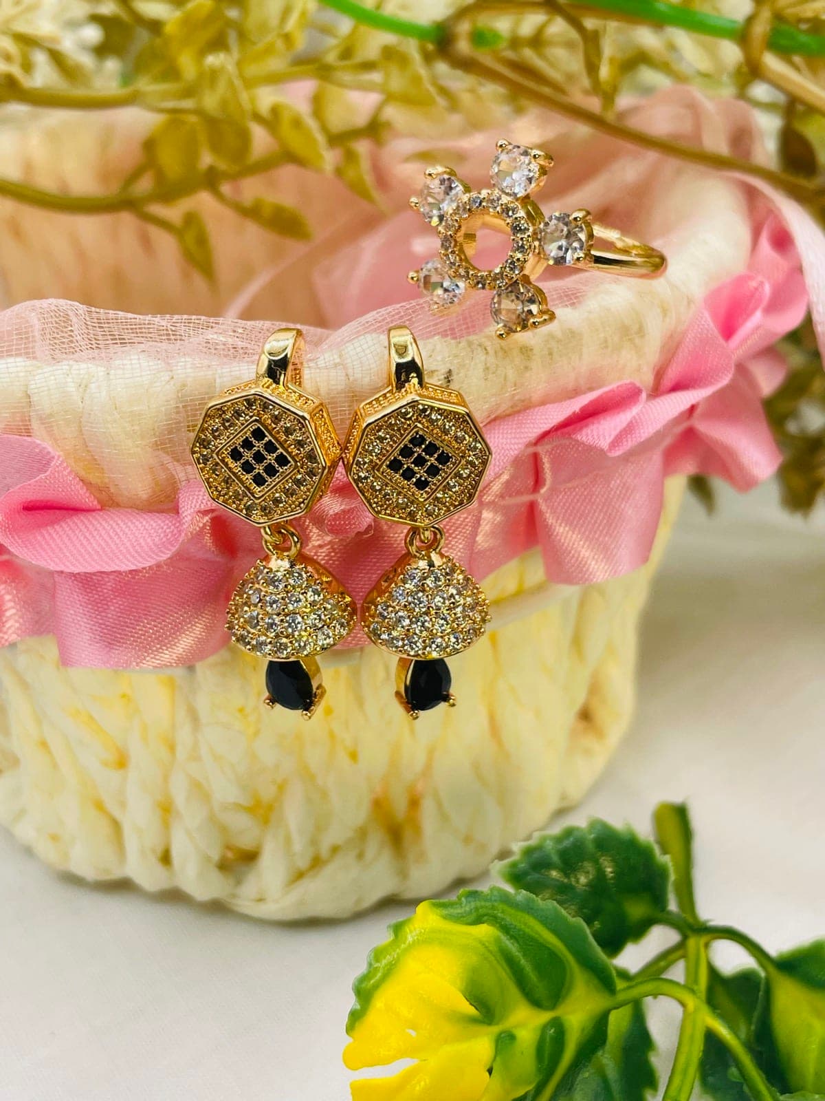 Royal Black & Gold Crystal Earrings & Ring Set