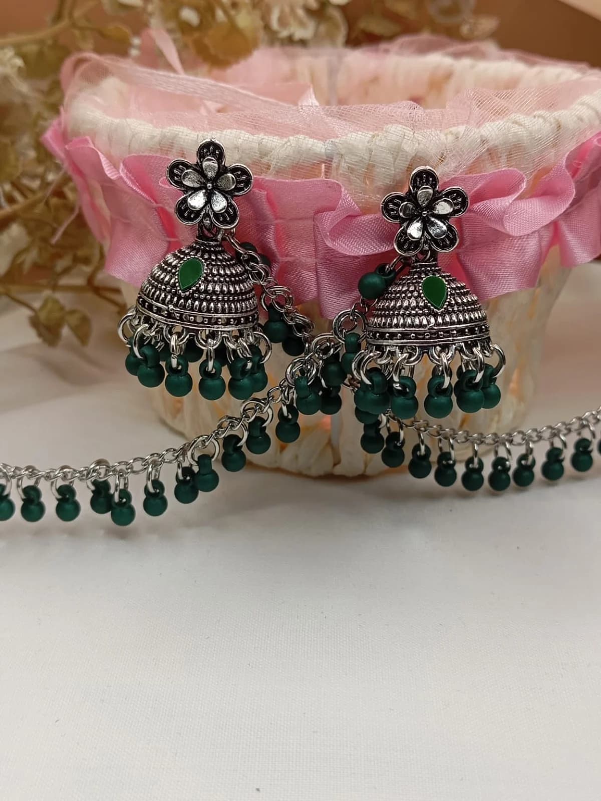 Emerald Floral Green Silver Jhumka Earrings with Sahara