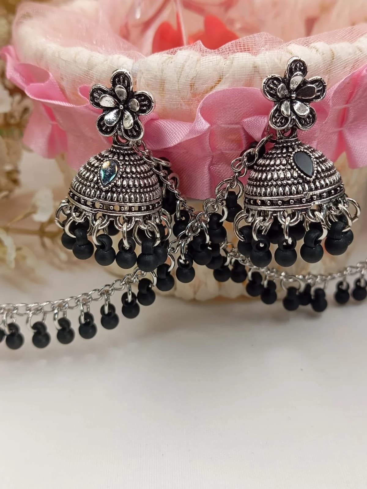 Black Floral Silver Jhumka Earrings with Sahara