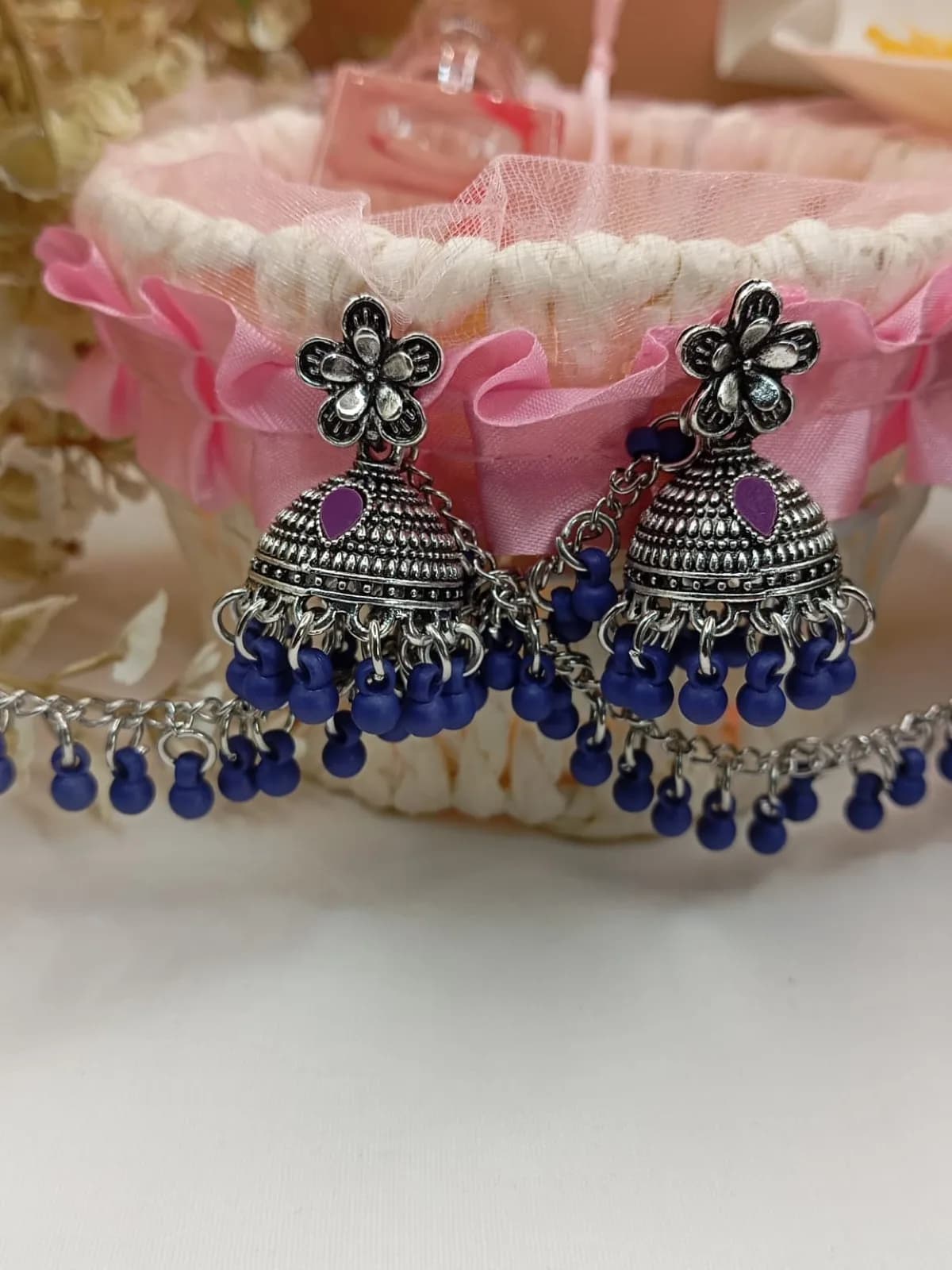 Royal Sapphire Silver Jhumka Earrings with Sahara