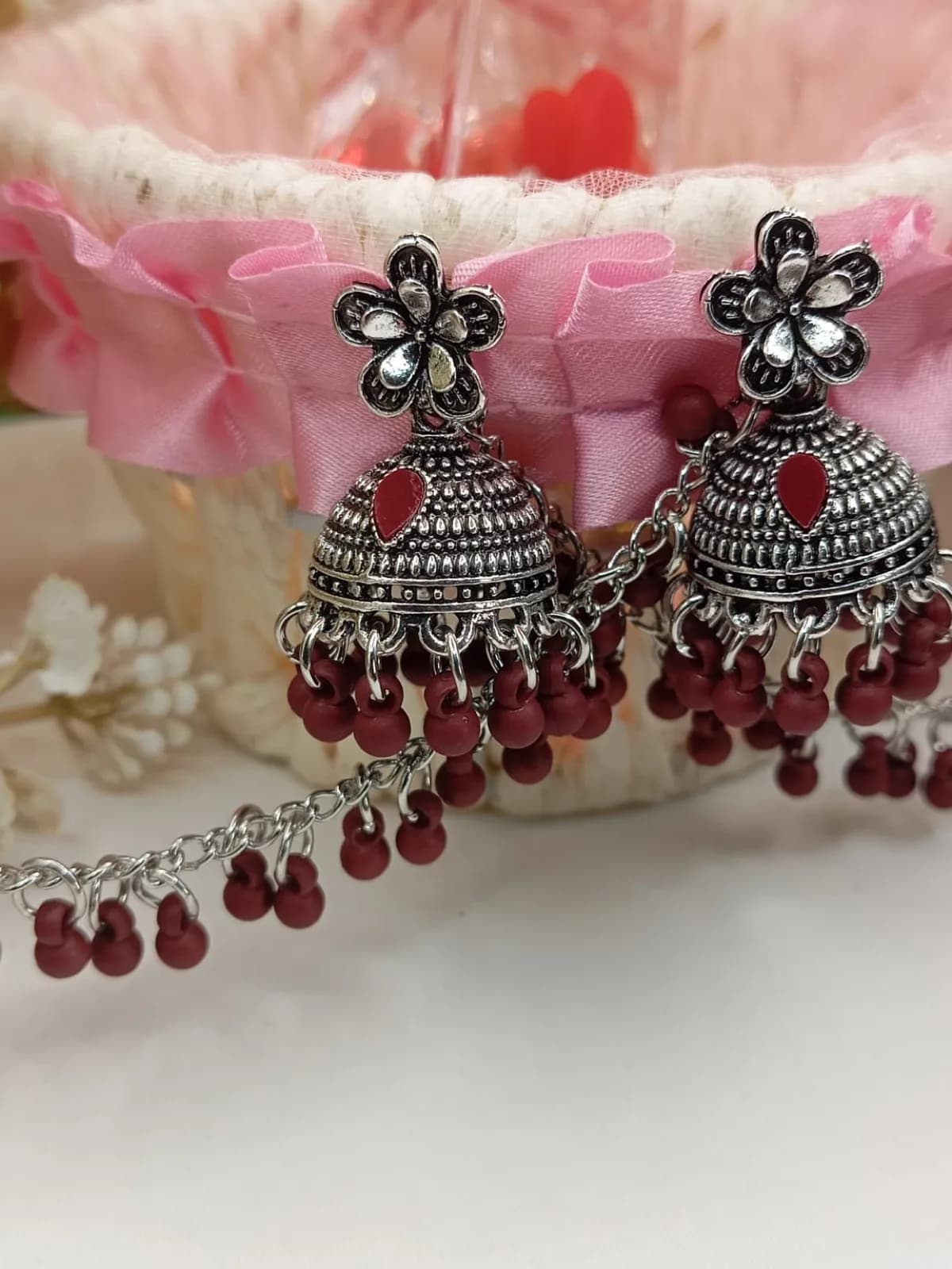 Royal Ruby Silver Jhumka Earrings with Sahara