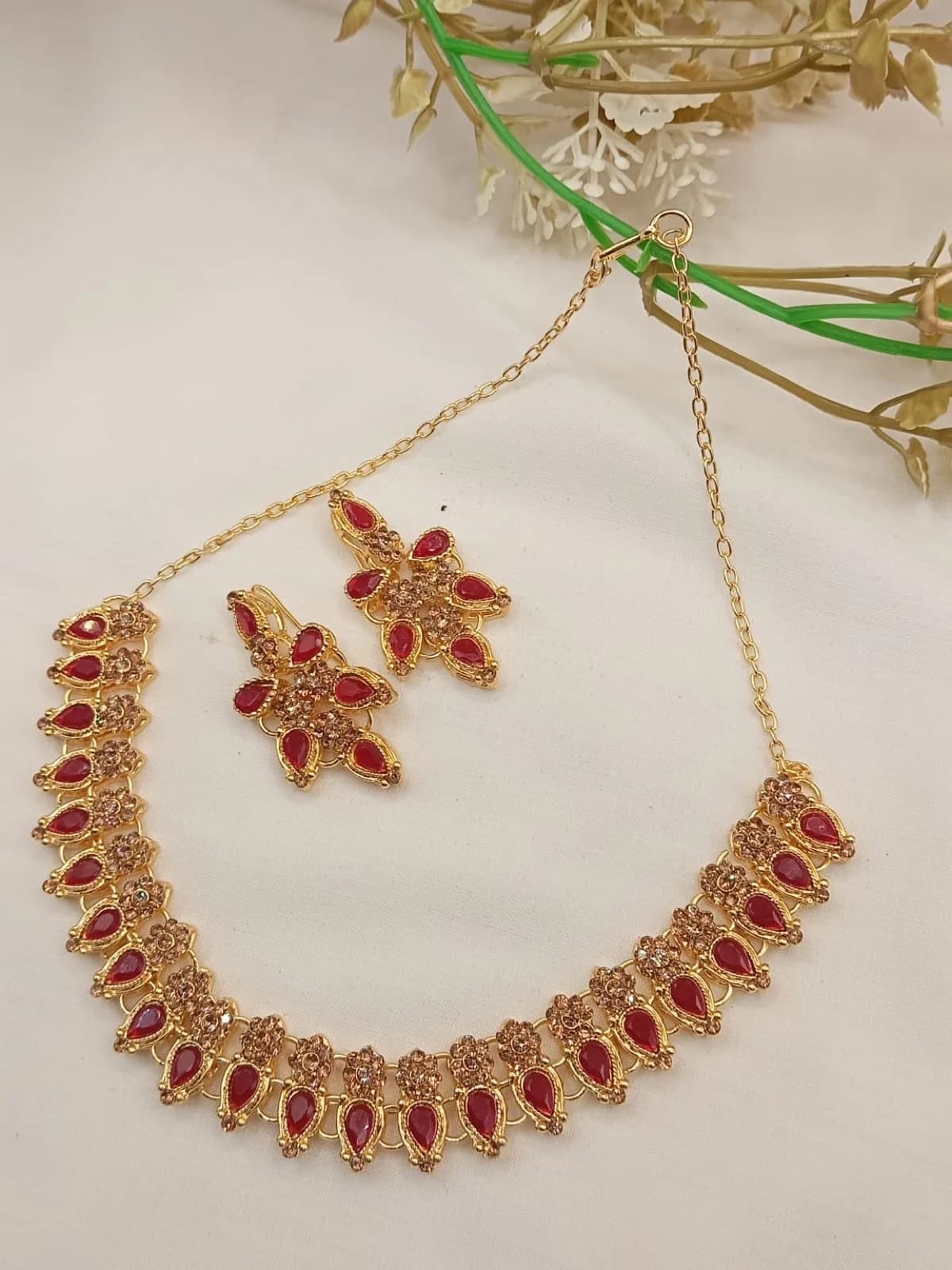 Royal Ruby Red & Gold Floral Bridal Necklace Set