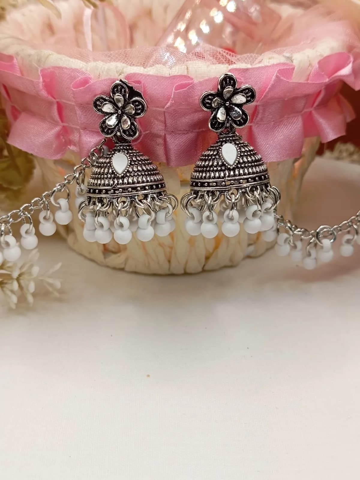 Pearl White & Silver Jhumka Earrings with Sahara