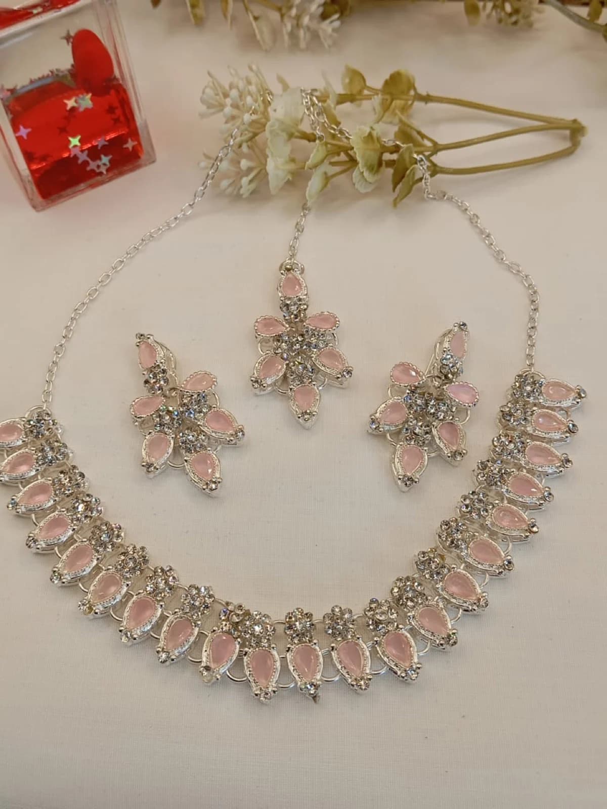 Elegant Pink Crystal Floral Necklace Set